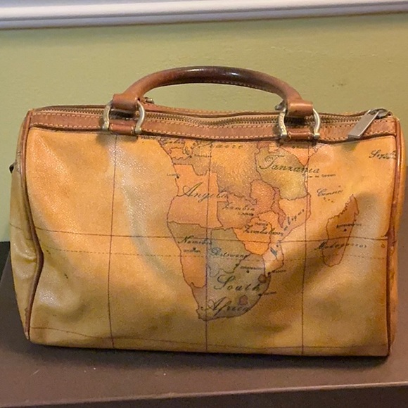 Brown Leather Map Print Men's Bag - Picture 3 of 11